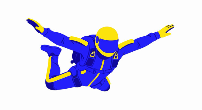 Blue and yellow skydiver vector illustration in dynamic freefall pose for adventure design