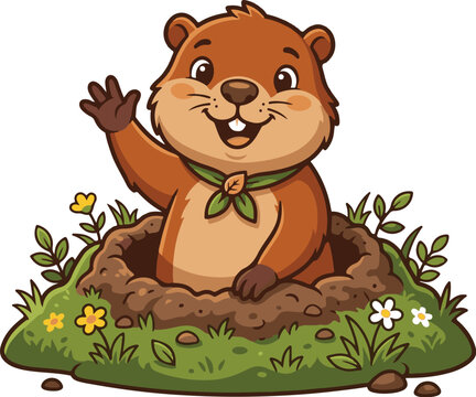 Cute groundhog cartoon mascot waving from dirt hole, woodchuck character illustration, happy gopher popping out of burrow, Groundhog Day vector art, friendly marmot animal greeting, garden pest mascot