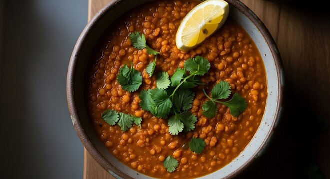 Bowl of red lentil dal garnished with fresh cilantro and a lemon wedge