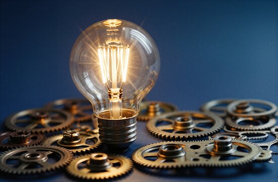 Glowing bulb atop gears symbolizing innovation and mechanical