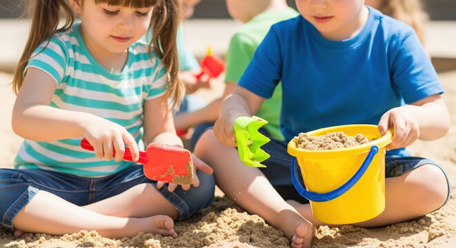 Children playing with sand toys in sandbox celebrating International Children's Day  