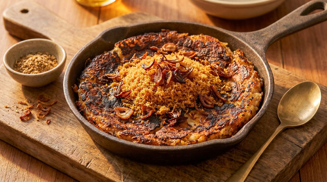 Premium commercial food photography of traditional Betawi Kerak Telor, spicy toasted sticky rice and egg crust topped with serundeng on a dark rustic cast iron.