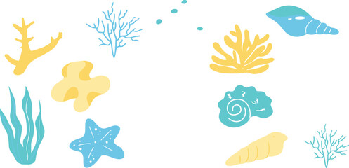 "Colorful Marine Life Elements Including Corals, Shells, and Starfish in Soft Yellow and Blue Tones" © Shakhawat