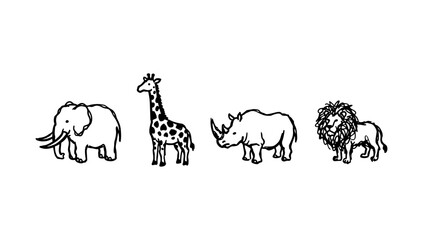 Obraz premium Wild safari and jungle doodle animal collection featuring elephant giraffe rhino and lion icons