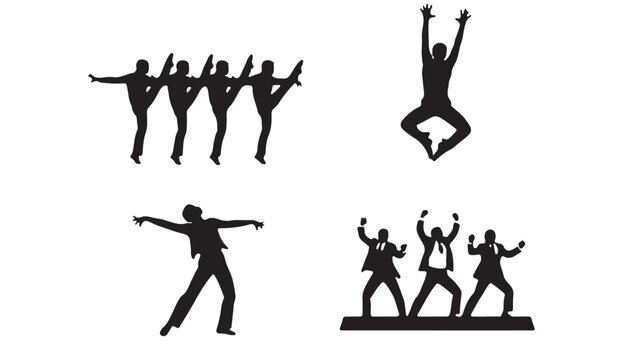 Dancing people silhouettes set, energetic male dancers performing choreography, black vector figures of men in expressive poses and jumps