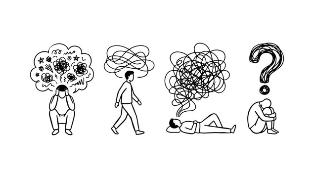 Mental health and stress doodle states of mind including confusion worry exhaustion and questioning