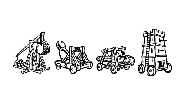 Medieval siege and battle doodle engines featuring catapult ballista and tall wooden watch tower