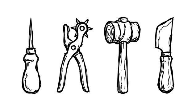 Leather craft and repair doodle workshop tools featuring awl punch hammer and cutting knife