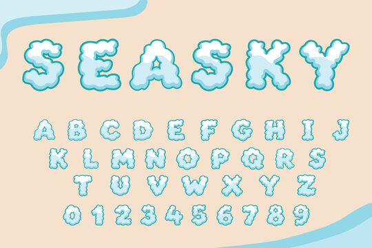 Cute fluffy cloud style alphabet letters and numbers font design