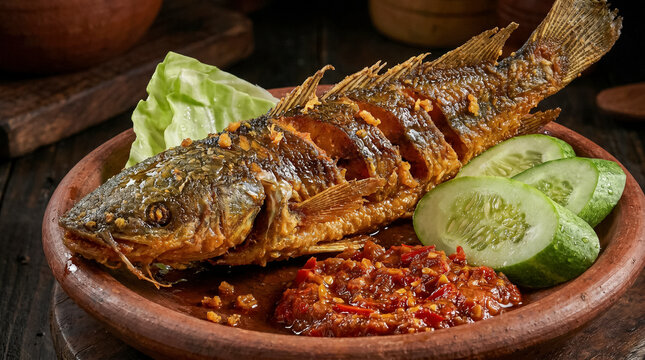 Extreme macro commercial food photography of Indonesian Pecel Lele, deep-fried crispy catfish served with fiery red sambal on a rustic terracotta mortar.