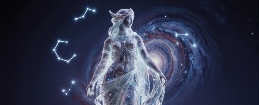 Celestial Virgo goddess figure made from translucent stardust and nebulae. Glowing constellations swirl around her. Cosmic energy emanates from this divine feminine entity in dark sky.