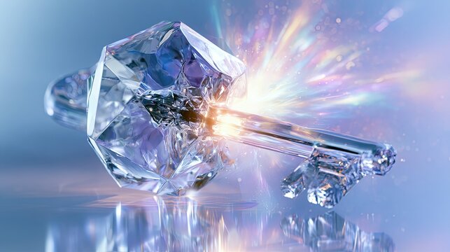 Glowing liquid glass key unlocking a frosted glass geometric core.