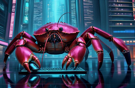 Cyber crab types at glowing keyboard in neon-drenched futuristic
