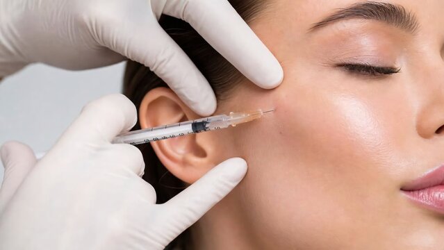Close-up of a woman receiving facial injections from a medical professional at a clinic.
