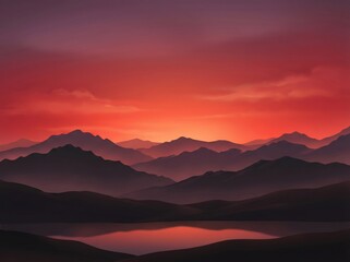 Fototapeta premium Layered mountain horizon at deep red sunset for landscape background and wallpaper design with reflective lake and soft atmospheric gradients and minimalist silhouettes