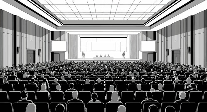 Monochrome perspective of a large conference auditorium with attendees