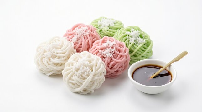 Colorful putu mayang isolated on white background with delicate rice flour texture, ideal for dessert menus, snack packaging, recipe content, and cultural food design.