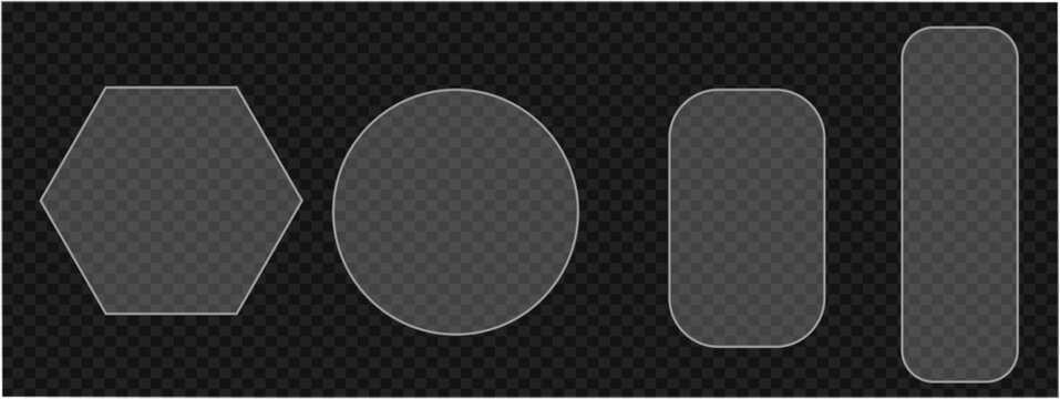 Set of glass frames with rounded edges including hexagon circle and rectangle frames for ui design elements