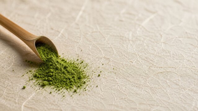 竹の匙と質感のある卓上の抹茶粉