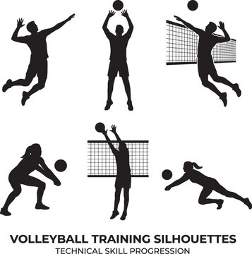 Volleyball training silhouettes set, technical skill progression icons of players, black vector graphics of athletes serving and spiking