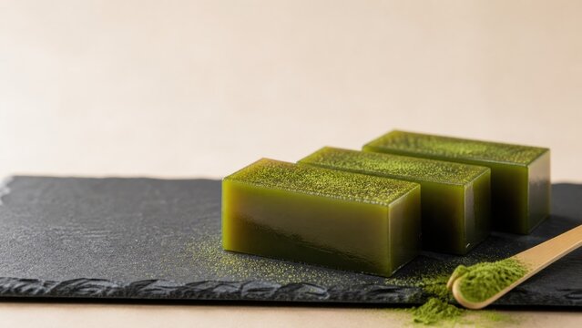 黒い石板に並ぶ抹茶ういろう和菓子