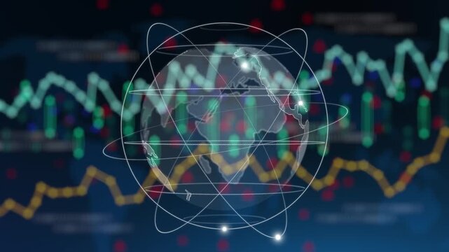 Global earth globe with digital network map showing international business , financial stock market trading, economic data connection, and futuristic worldwide innovation concept