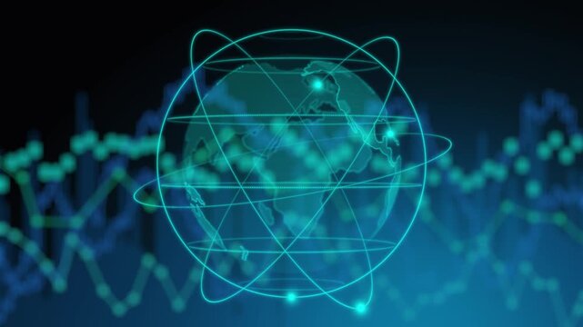 Futuristic worldwide innovation, global earth globe with digital cyberspace network map international business, financial stock market trading, economic data connection