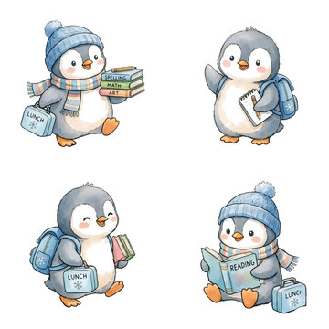 Cute cartoon penguin go to scholl set with winter holiday decorations and accessories