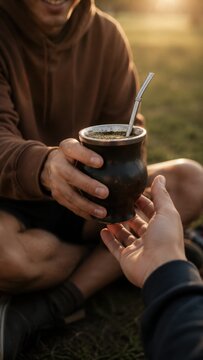 Hand passing traditional mate cup between young friends in sunny park during authentic Latin American social gathering