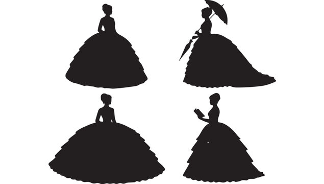 Victorian woman silhouette set, vintage lady in ball gown dress vector, antique 19th century fashion figures with parasol and book