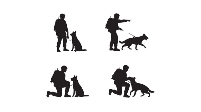 Military soldier and k9 service dog silhouettes, tactical army handler with german shepherd set, police canine unit vector illustrations