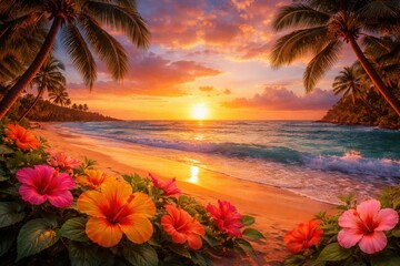 Tropical beach sunset with palm trees ocean waves and vibrant hibiscus flowers glowing in golden light