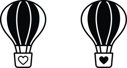 Black hot air balloon icons with heart shaped baskets for love and travel themes © SKY DRIVE