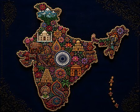 Intricate Embroidered Map of India with Cultural Symbols