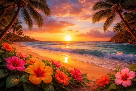 Tropical beach sunset with palm trees ocean waves and vibrant hibiscus flowers glowing in golden light