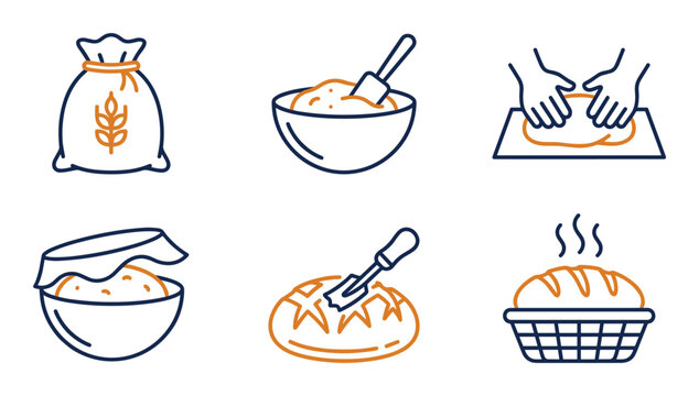 Baking process icons showing flour dough and fresh bread