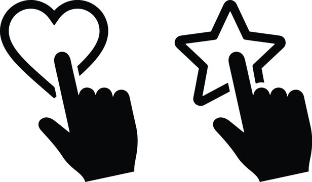 Silhouette hand icons tapping heart and star symbols for social media and website interaction design