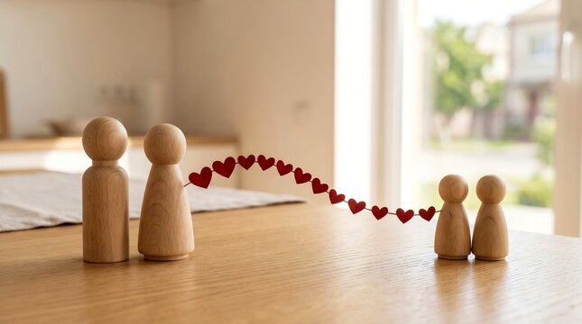 Wooden peg dolls connected by a string of red hearts