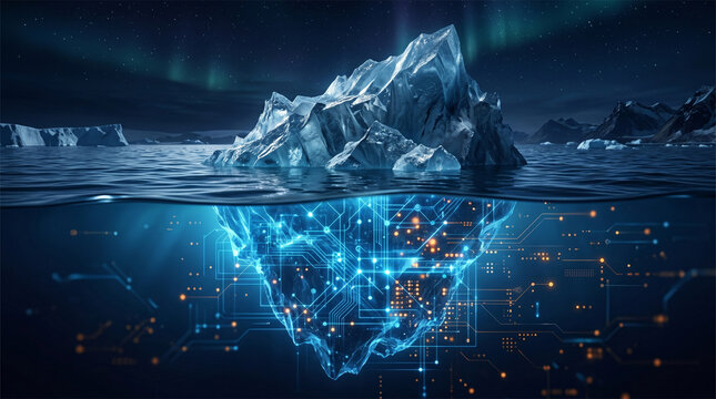 Artificial Intelligence Iceberg Concept with Glowing Circuit Patterns Representing Hidden Data and Complex Systems