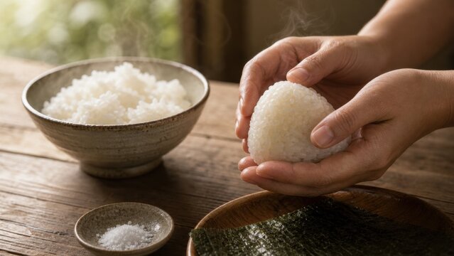 温かいご飯でおにぎりを握る手元