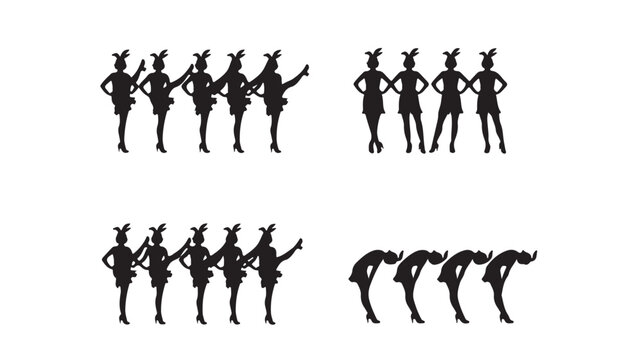 Vintage showgirl silhouettes set, retro cabaret dancer vector icons, burlesque performer group in various poses, 1920s flapper girl stage costumes