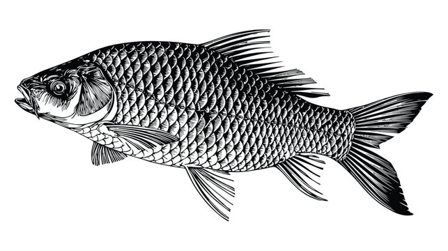 Vintage engraving of a carp fish with detailed scales, engraving