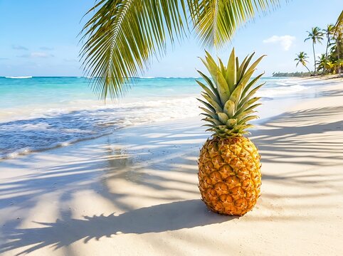 Fresh whole pineapple standing on a sandy tropical beach under palm tree leaves on a sunny summer day. pinapple