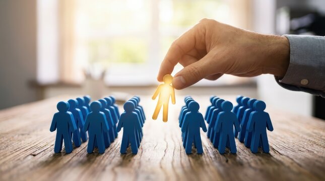 A hand picking a glowing yellow figure from a group of blue figures representing talent recruitment and selection.