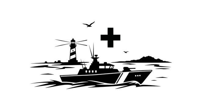 Coast guard patrol boat with lighthouse and medical cross symbol.