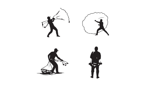 Fisherman throwing cast net silhouette set, traditional fishing net throwing technique icons, 4 vector elements of men fishing with nets