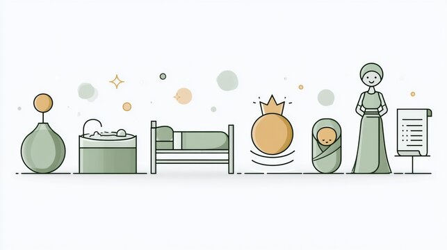 The set shows various birth and delivery elements like a birthing ball, pool, hospital bed, and midwife with a newborn wrapped in a blanket.