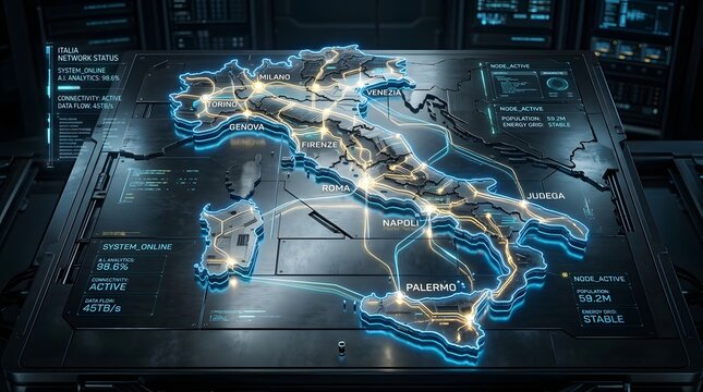 Futuristic digital map of Italy with glowing network connections