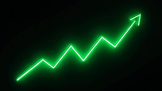 A bright green zigzag arrow graph with an upward trend glows on a black background, symbolizing business growth, success, analytics, and financial increase. Perfect for business and finance concepts.