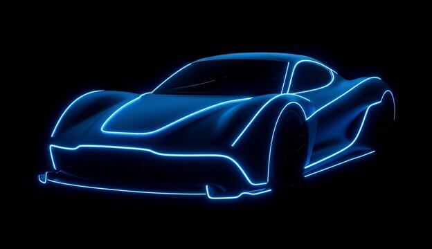 Futuristic conceptual hypercar front-quarter silhouette with single electric blue neon line misso mobility